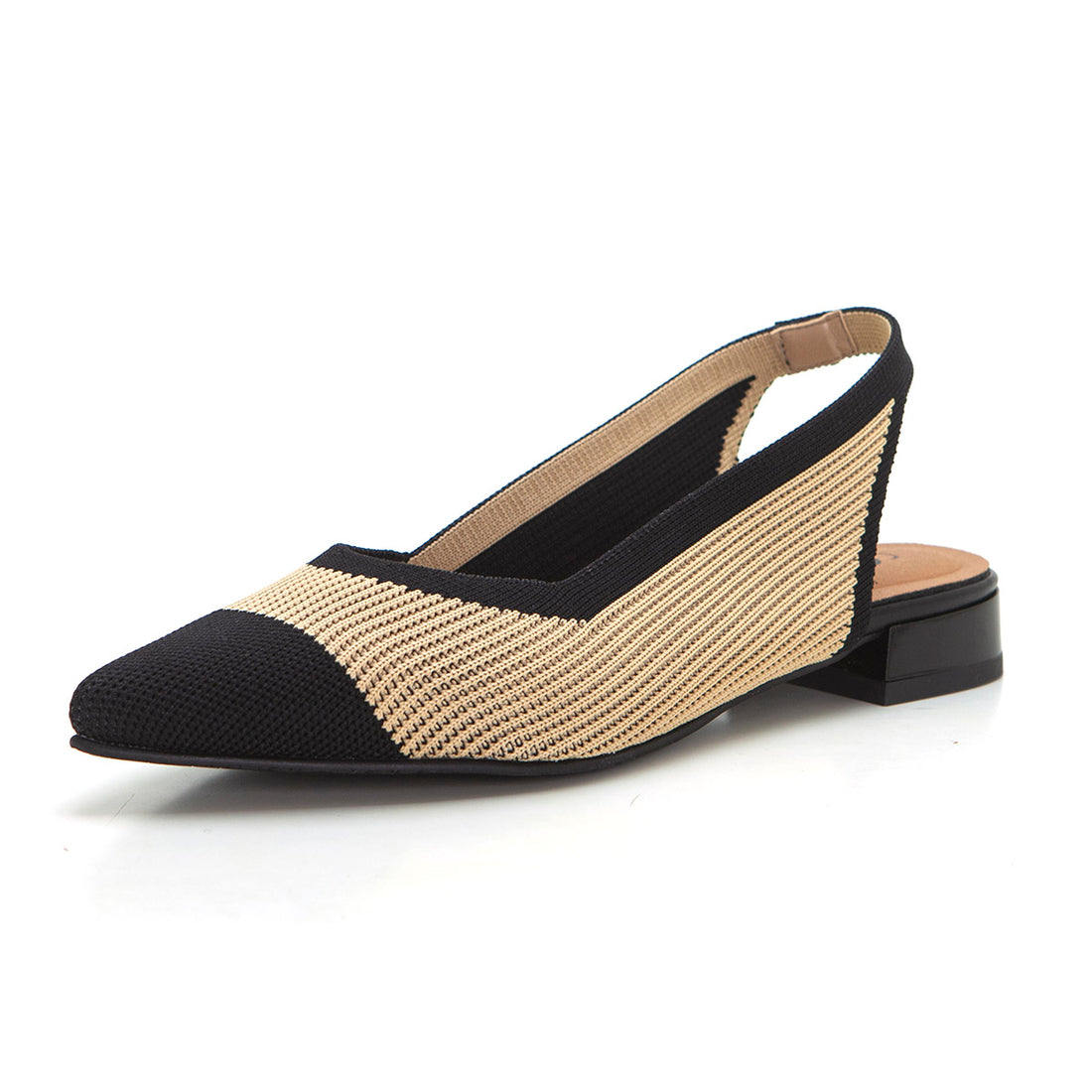 Miss Elastic 76411 Zapato de salón elastico plano combinado cámel negro.