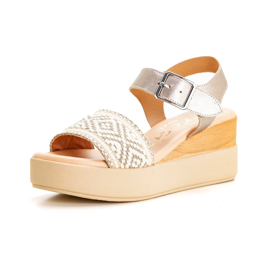 Valerias 426 Sandalia de cuña alta con plataforma tira étnica beig.