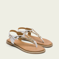 PORRONET 3112 SANDALIA ESCLAVA PLANA PIEL CON ABALORIOS BLANCO.