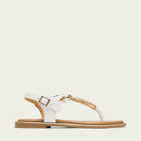 PORRONET 3112 SANDALIA ESCLAVA PLANA PIEL CON ABALORIOS BLANCO.