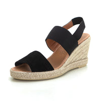 Mediterrania 50223 Sandalia de esparto cuña alta bandas negro.