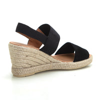 Mediterrania 50223 Sandalia de esparto cuña alta bandas negro.