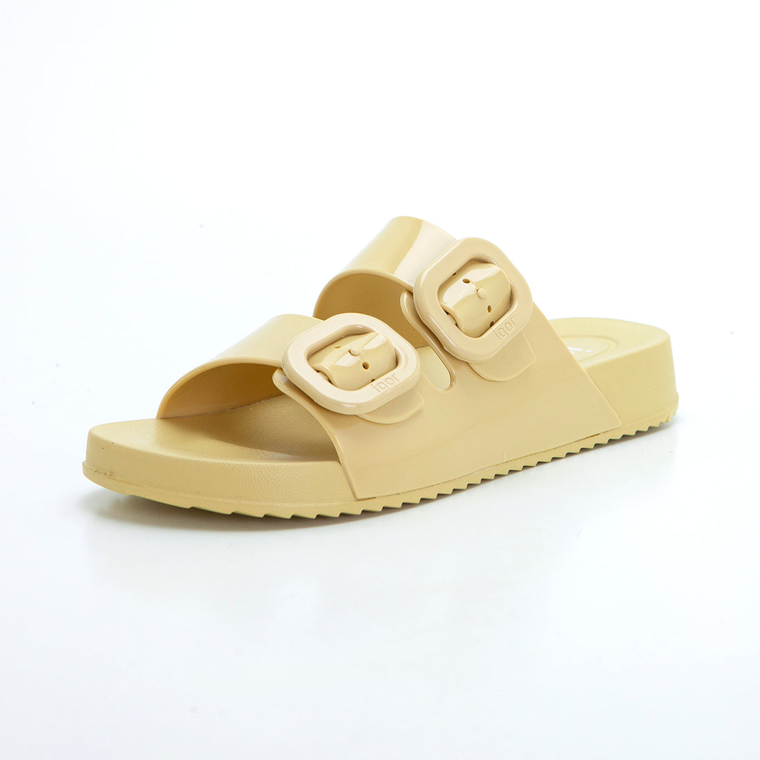 Igor Habana Chancla de baño destalonada hebillas brillo mostaza.