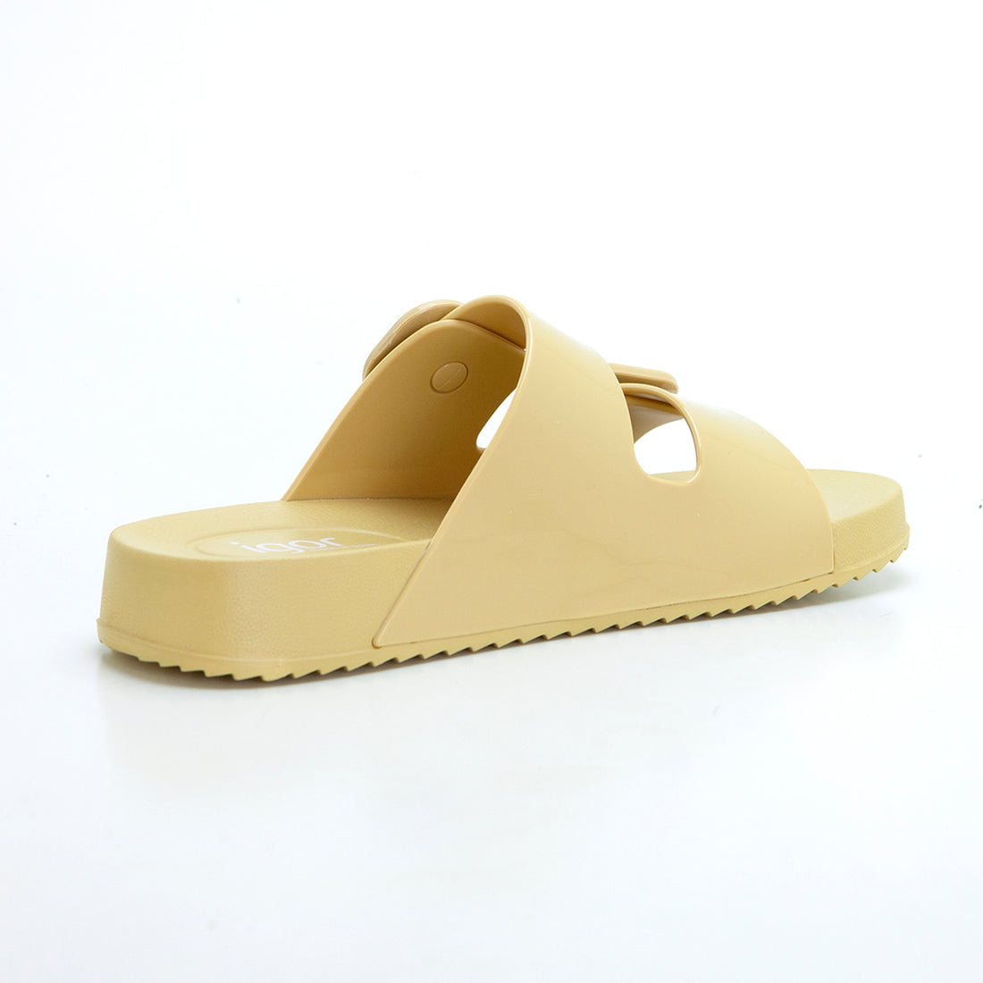 Igor Habana Chancla de baño destalonada hebillas brillo mostaza.