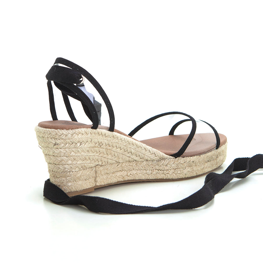 Carmen García 166D5 Sandalia de esparto con cuña vinilo transparente negro.