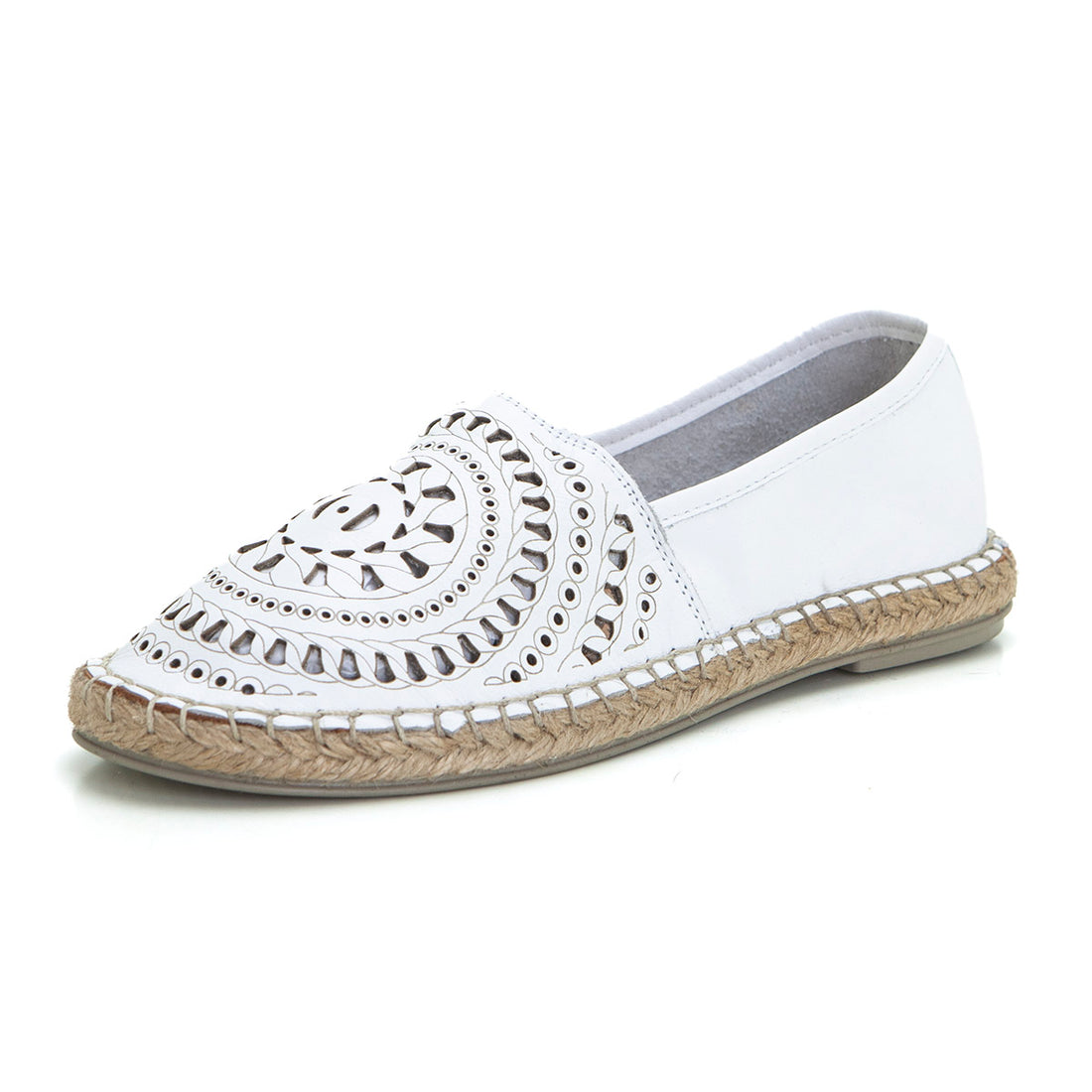 Top 3 Alpargata plana cerrada grabado blanco.