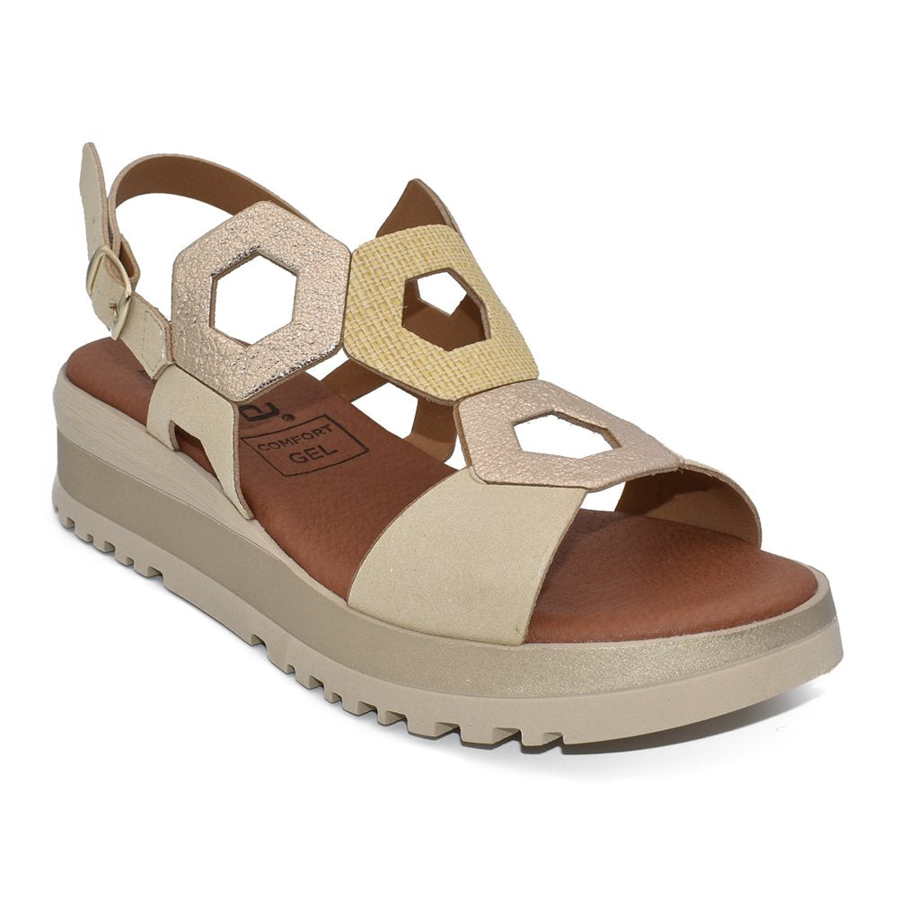 Tekila S1110 Sandalia cuña baja plataforma hexágonos beig.