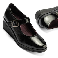 Zapato mercedes Pitillos mujer de charol negro con velcro y cuña