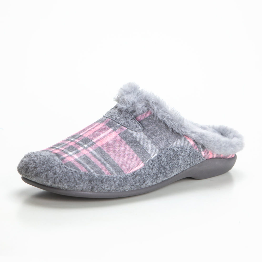 ZAPATILLA DE CASA INVIERNO CUADROS CUELLO  GRIS ROSA