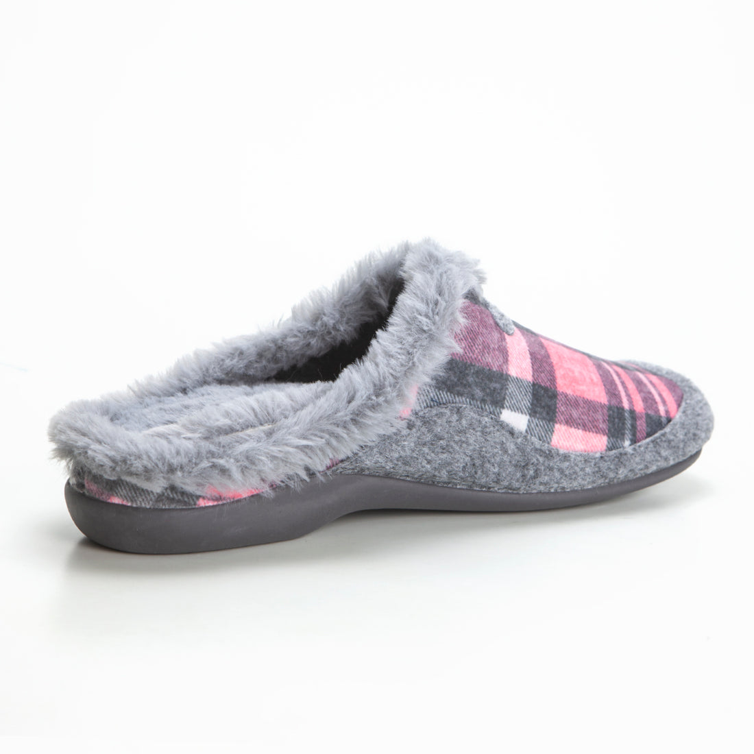 ZAPATILLA DE CASA INVIERNO CUADROS CUELLO  GRIS ROSA