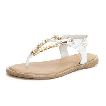 PORRONET 3112 SANDALIA ESCLAVA PLANA PIEL CON ABALORIOS BLANCO.