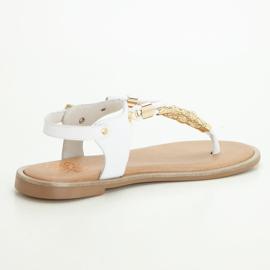 PORRONET 3112 SANDALIA ESCLAVA PLANA PIEL CON ABALORIOS BLANCO.
