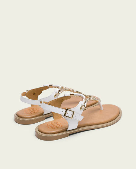 PORRONET 3112 SANDALIA ESCLAVA PLANA PIEL CON ABALORIOS BLANCO.