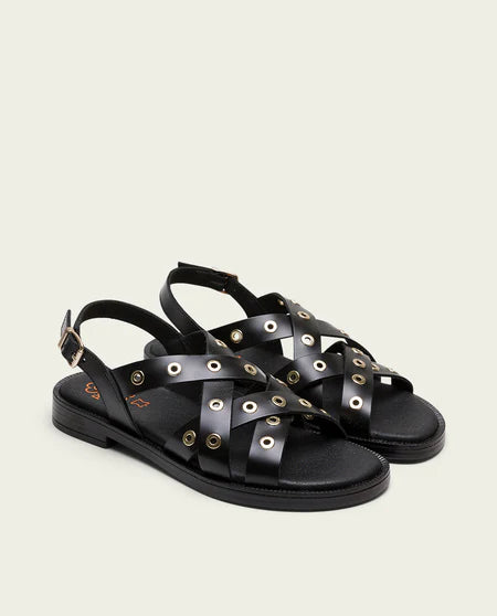 PORRONET 3125 SANDALIA PLANA DE PIEL CON TACHUELAS NEGRO