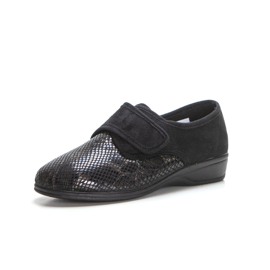 Doctor Cutillas 792 Zapatilla pies delicados cuña baja con velcro reptil negro.