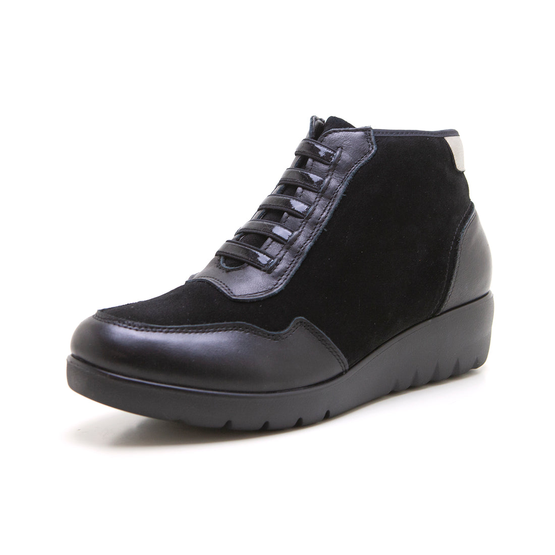 Treintas L4451 Botín cordones elásticos cuña baja negro