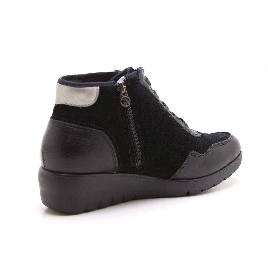 Treintas L4451 Botín cordones elásticos cuña baja negro