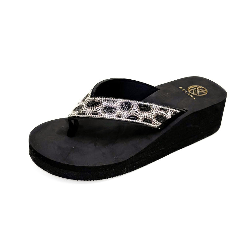 Kelara 62401 Chancla esclava negra leopardo con cuña