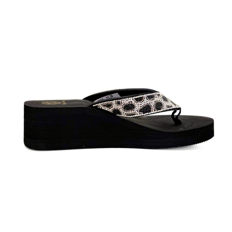 Kelara 62401 Chancla esclava negra leopardo con cuña
