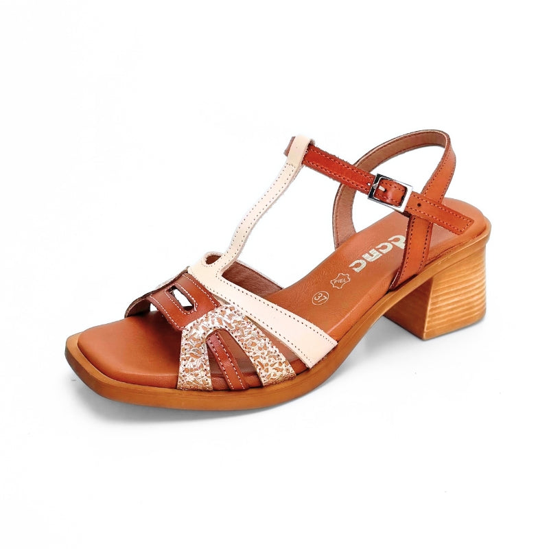 Jordana 4793 sandalia tacón cuero y beige