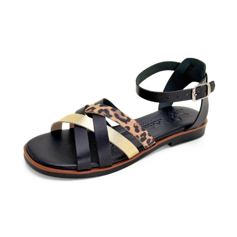 Walkflex 260220 sandalia plana negra animal print