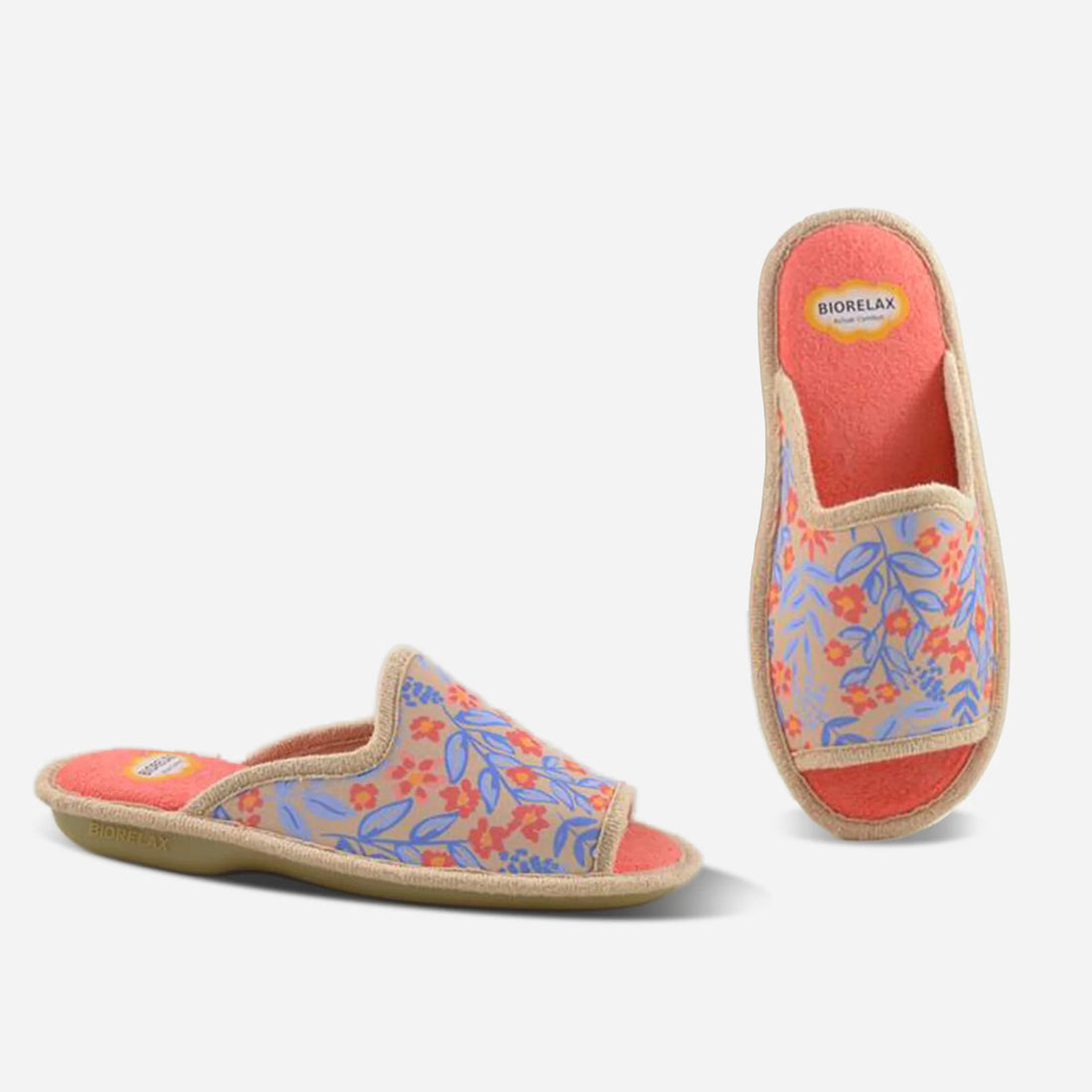 Biorelax 4104 Zapatilla de casa abierta beige con flores
