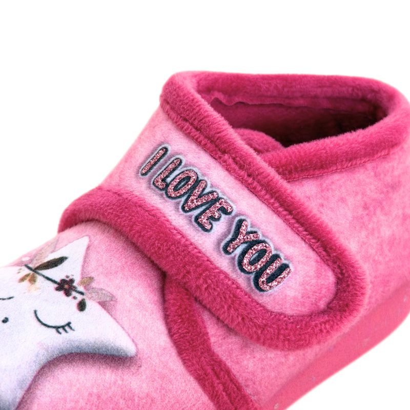 Zapatilla de casa infantil Garzón con velcro luna y estrella rosa