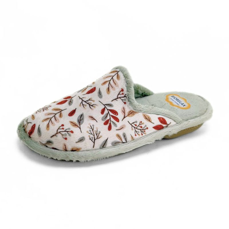 Zapatilla de casa Biorelax 4538 oliva con estampado de hojas