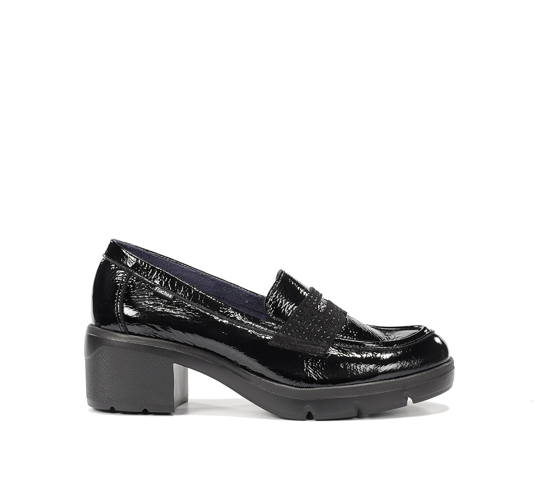 Fluchos F2517 Mocasín Fugaz de mujer de tacón medio en charol negro